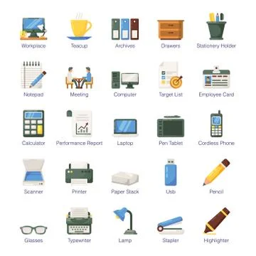 Pack Of Office Flat Icons Stock Illustration