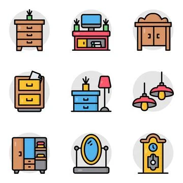 Pack of Office Interior Flat Icon Stock Illustration
