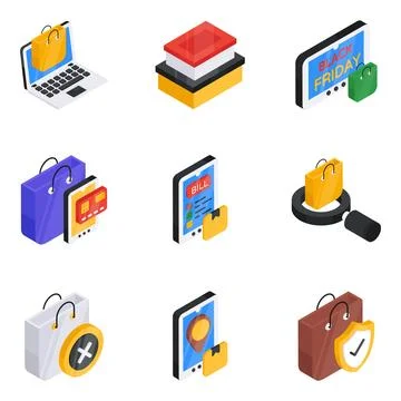 Pack of Online Buying Flat Isometric Icon Stock Illustration