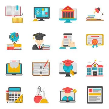 Pack of Online Education and Learning Flat Icon Stock Illustration