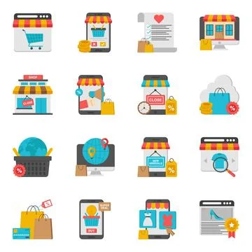 Pack of Online Shopping Flat Icon Stock Illustration