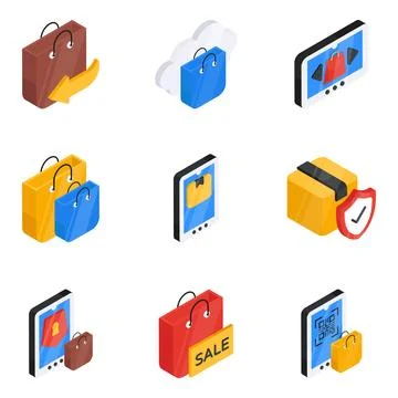 Pack of Online Shopping Flat Isometric Icon Stock Illustration