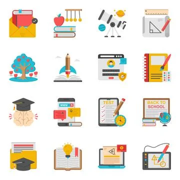 Pack of Online Study and Education Flat Icon Stock Illustration