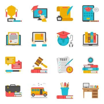 Pack of Online Study Flat Icon Stock Illustration