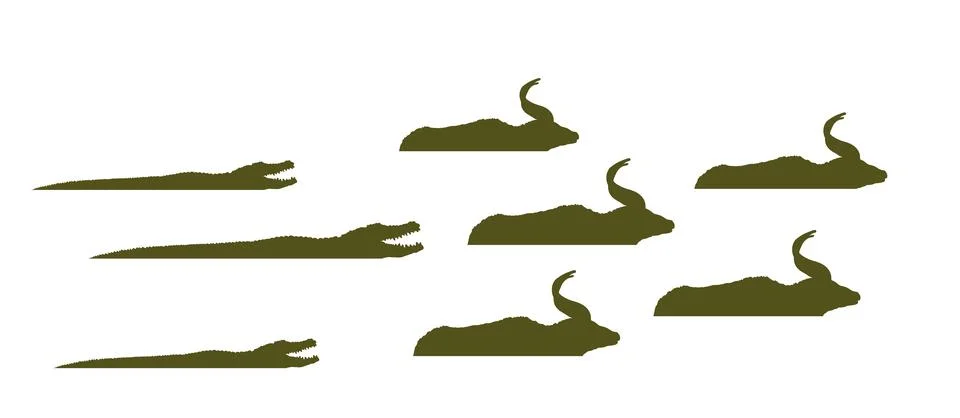 Pack open jaws crocodile attack nyala herd in river vector silhouette Stock Illustration