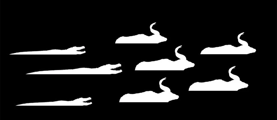 Pack open jaws crocodile attack nyala herd vector silhouette Stock Illustration