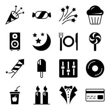 Pack of Party Accessories Solid Icons Stock Illustration