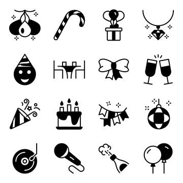 Pack of Party and Decoration Solid Icons Stock-Illustration