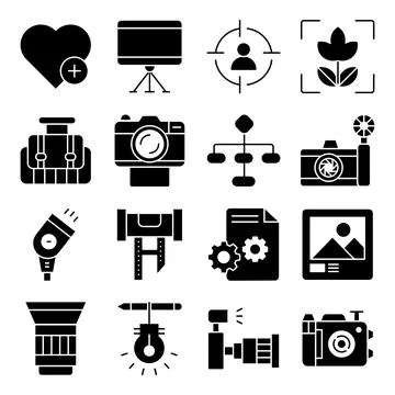 Pack of Photographic Equipment Solid Icons Stock Illustration