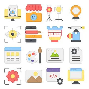 Pack of Photographic Instruments Flat Icons Illustrazione stock