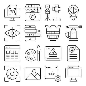 Pack of Photographic Instruments Linear Icons Illustrazione stock