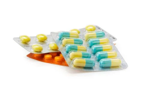 Pack of pills on white Foto stock