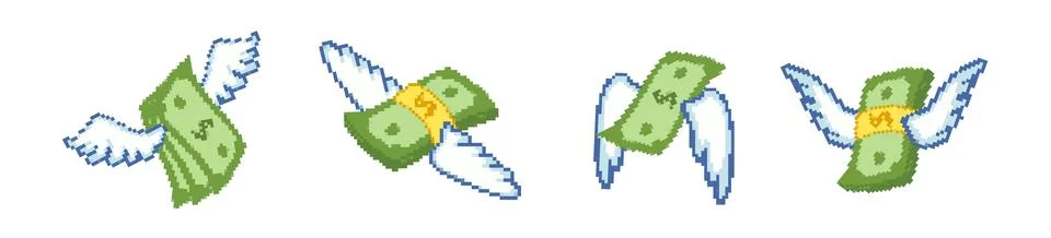 Pack of pixel dollars with wings set Illustrazione stock