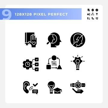 Pack of pixel perfect glyph style soft skills icons Stock Illustration