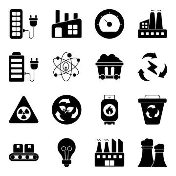 Pack of Power and Energy Solid Icons Stock Illustration