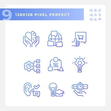 Pack of purple pixel perfect gradient soft skills icons Stock Illustration
