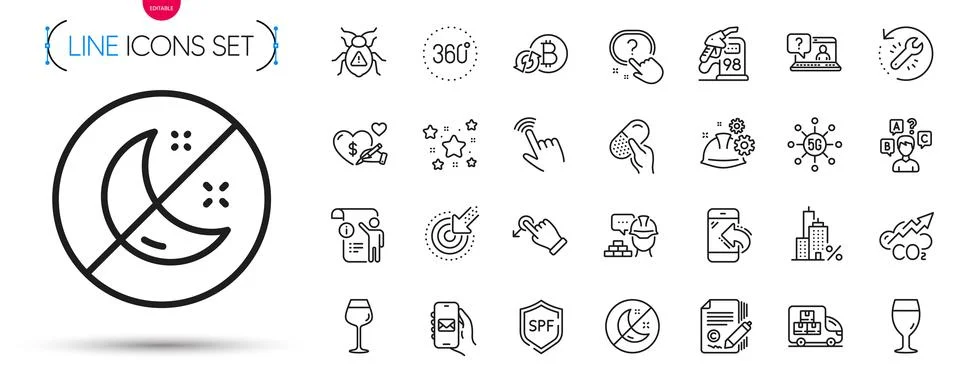 Pack of Quiz test, Question button and Software bug line icons. Pictogram icon Stock Illustration