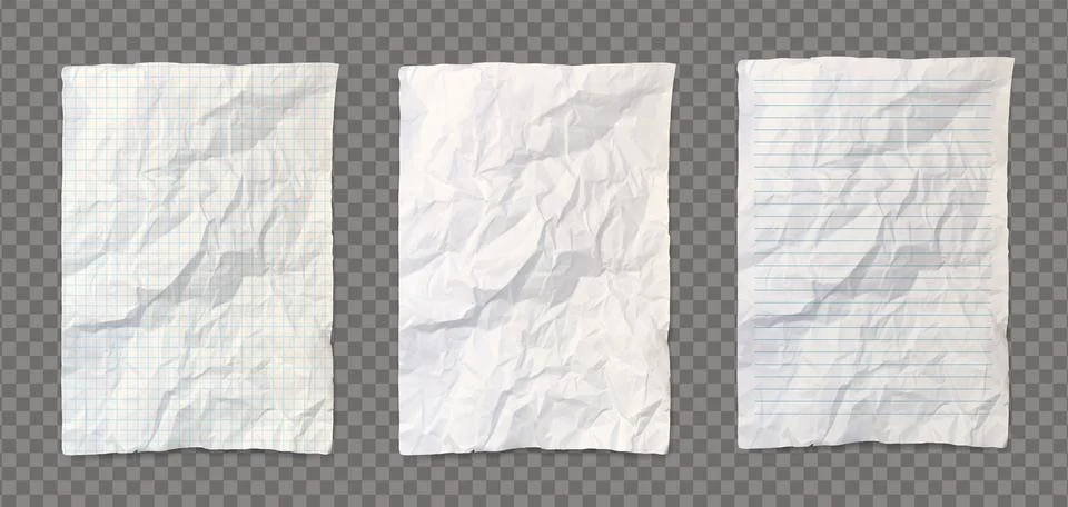 Pack of realistic white crumpled papers with shadow isolated on a transparent Stock Illustration