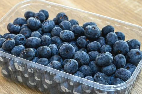 Pack of ripe blueberry inside container Stock Photos