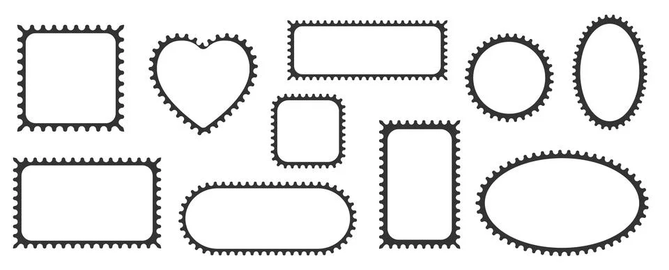 Pack of scalloped black postage frames isolated. Outline border template. Simple Stock Illustration