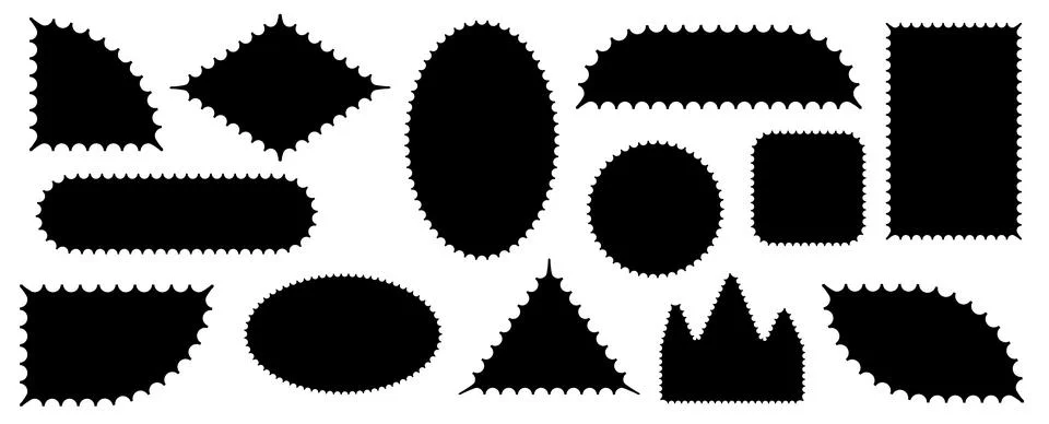Pack of scalloped black postage frames isolated. Outline border template. Simple Stock Illustration
