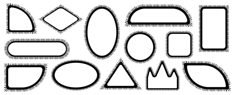 Pack of scalloped black postage frames isolated. Outline border template. S.. Stock Illustration