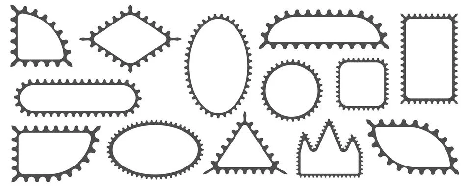 Pack of scalloped black postage frames isolated. Outline border template. Simple Иллюстрация