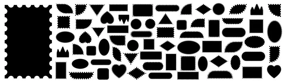 Pack of scalloped black postage frames isolated. Outline border template. Simple イラスト素材