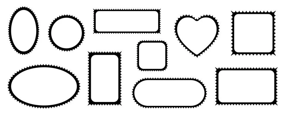 Pack of scalloped black postage frames isolated. Outline border template. Simple イラスト素材