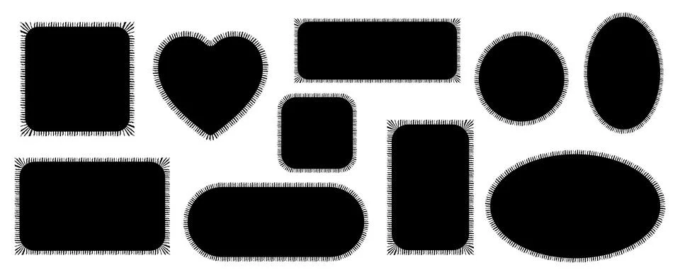 Pack of scalloped black postage frames isolated. Outline border template. Simple イラスト素材