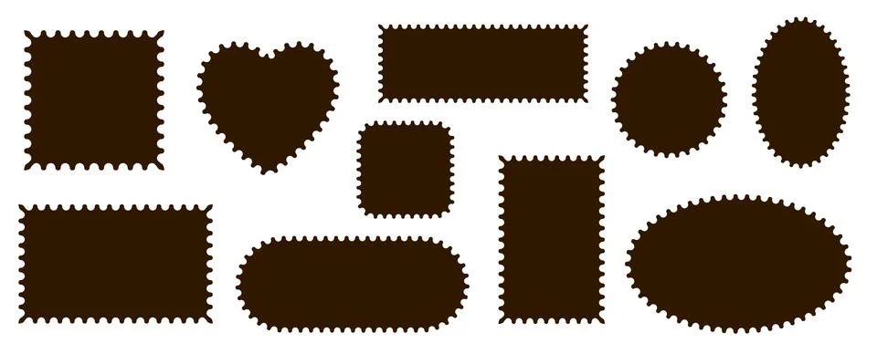 Pack of scalloped brawn postage frames isolated. Outline border template. Simple Stock Illustration