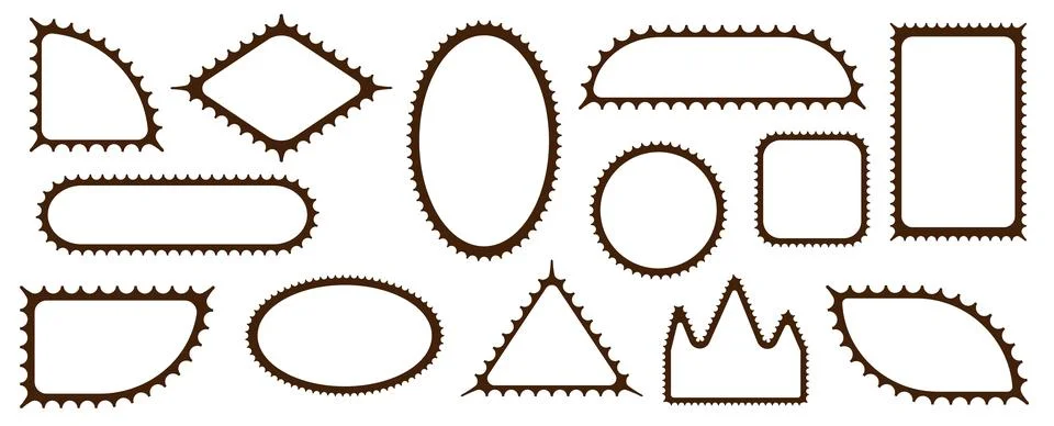Pack of scalloped brown postage frames isolated. Outline border template. Simple Stock Illustration