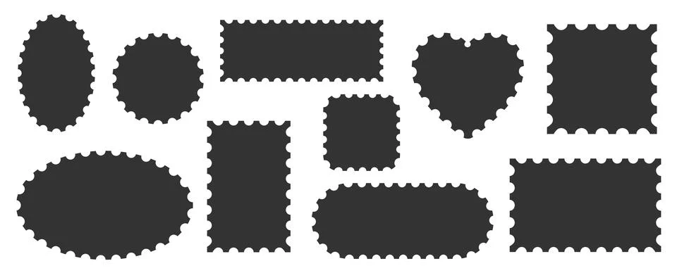 Pack of scalloped gray postage frames isolated. Outline border template. Simple イラスト素材