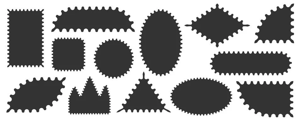 Pack of scalloped gray postage frames isolated. Outline border template. Simple イラスト素材