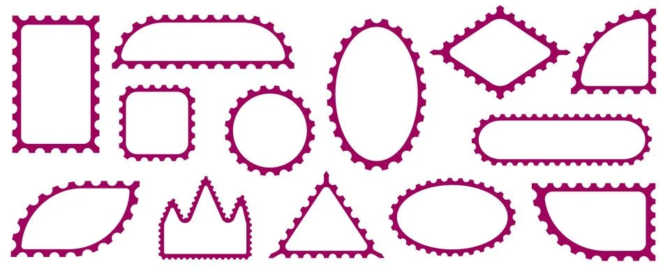 Pack of scalloped pink postage frames isolated. Outline border template. Simple イラスト素材