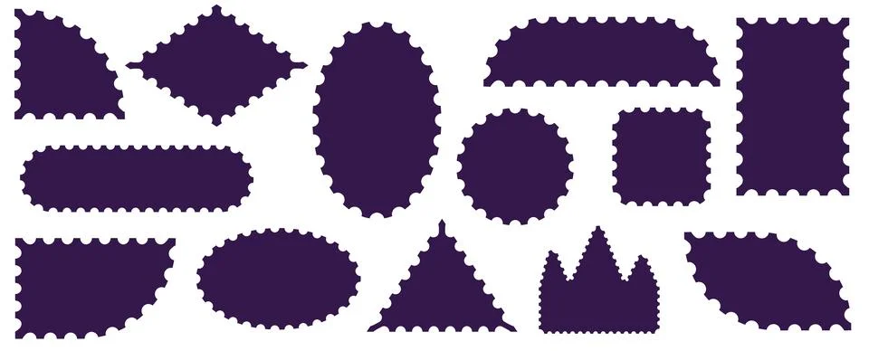 Pack of scalloped violet postage frames isolated. Outline border template. Stock Illustration