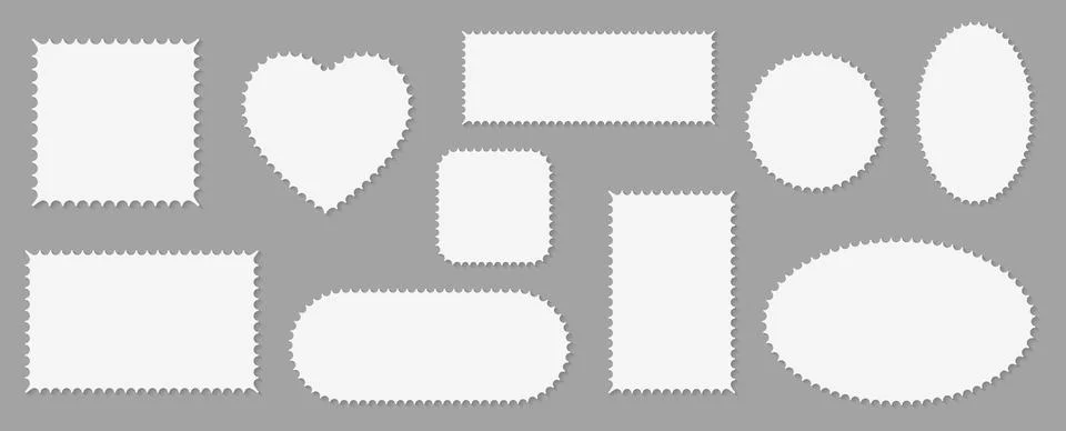 Pack of scalloped white postage frames isolated. Outline border template. Simple Stock Illustration