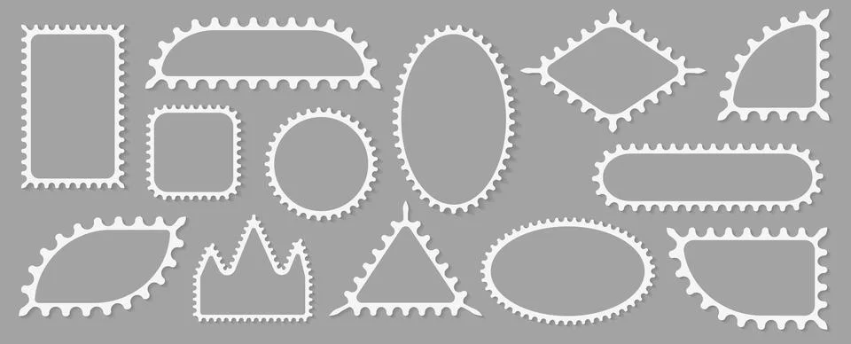 Pack of scalloped white postage frames isolated. Outline border template. Simple Stock Illustration