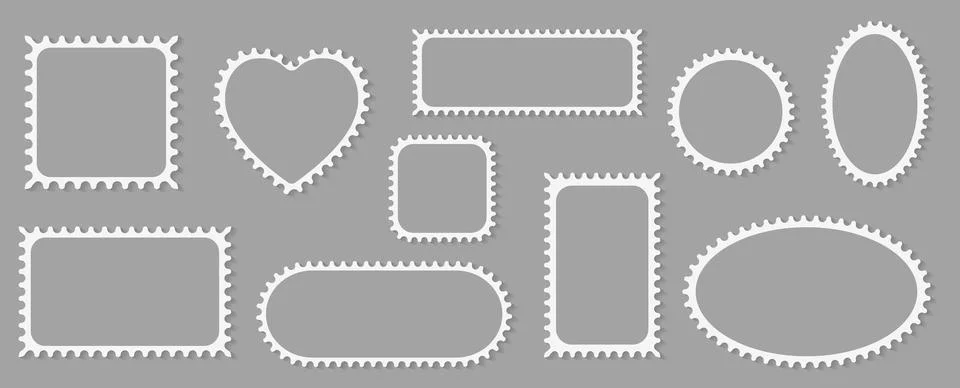 Pack of scalloped white postage frames isolated. Outline border template. Simple 스톡 일러스트
