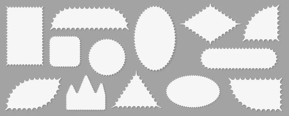 Pack of scalloped white postage frames isolated. Outline border template. Simple Stock Illustration
