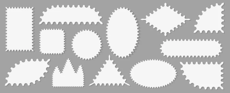 Pack of scalloped white postage frames isolated. Outline border template. Simple Stockillustratie