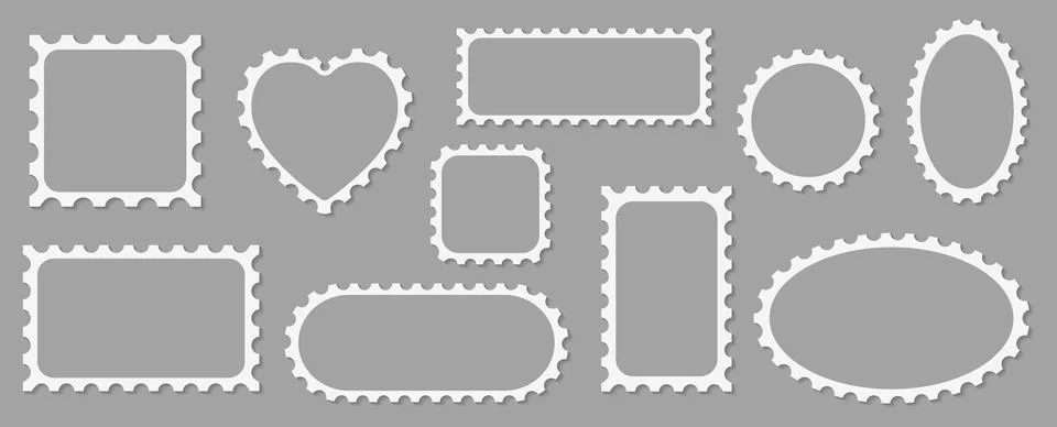 Pack of scalloped white postage frames isolated. Outline border template. Simple Ilustração Stock