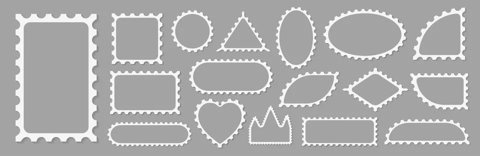 Pack of scalloped white postage frames isolated. Outline border template. Simple Stock Illustration