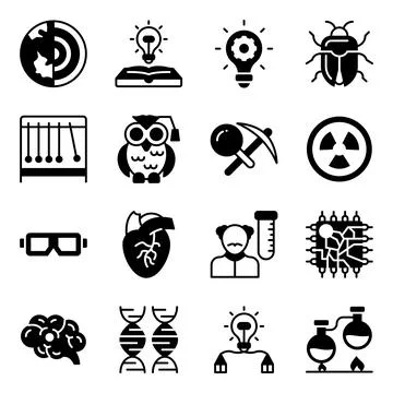 Pack of Science and Lab Apparatus Solid Icons Stock Illustration