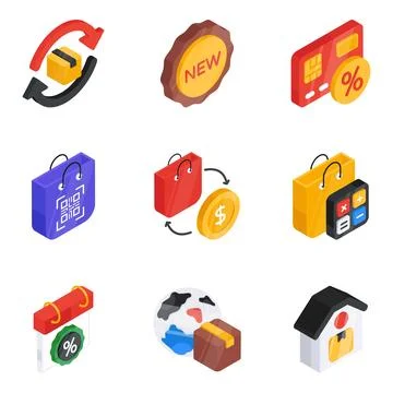 Pack of Shopping Accessories Flat Isometric Icon Stock Illustration