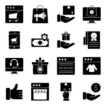 Pack of Shopping and Buying solid Icons Stock Illustration