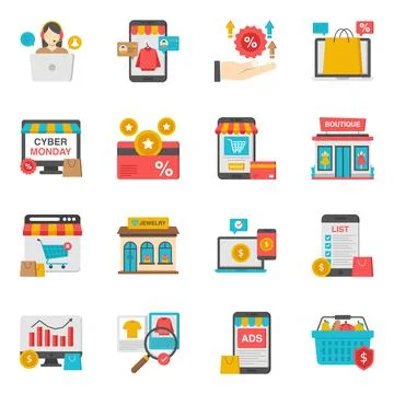 Pack of Shopping and Commerce Flat Icon Stock Illustration