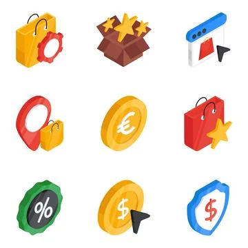 Pack of Shopping and Commerce Flat Isometric Icon Stock Illustration
