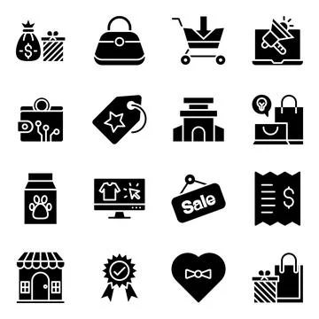 Pack of Shopping and Commerce Solid Icons Stockillustratie