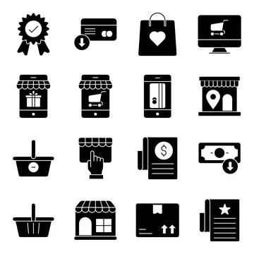 Pack of Shopping and Commerce solid Icons Stock-Illustration